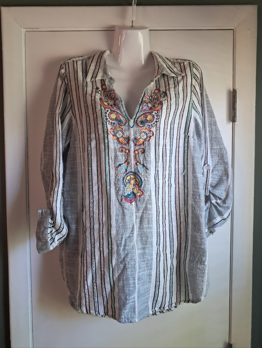 Soft Surroundings Embroidered Boho Stripe Tunic - Colorful Embroidery